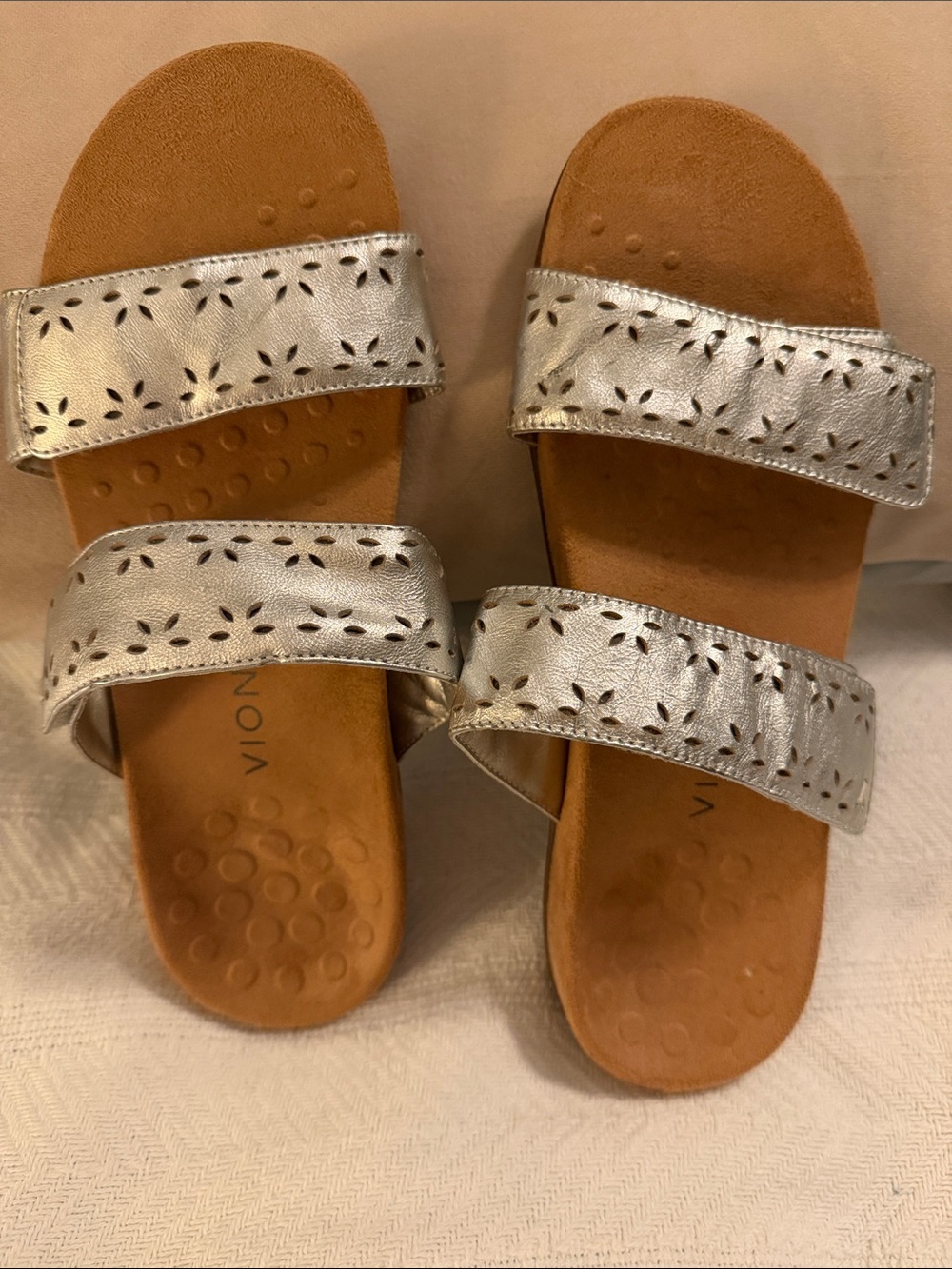 Vionic Silver Metallic Perforated Double-Strap Slide Sandal
